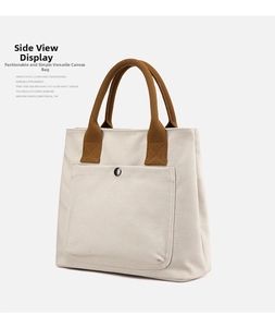 Canvas tote bag detail view, casual handbag with brown handles and front pocket.