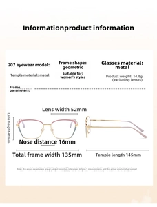 Detailed size chart for women's geometric metal cat-eye frames with precise measurements