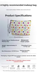 Detail view of the floral makeup bag showing dimensions 17x25cm and fine linen material