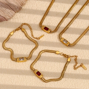 18K Gold Plated Stainless Steel Snake Chain Necklace Rectangular Zircon Pendant Retro Hip Hop Jewelry For Women