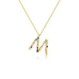 Golden S925 sterling silver necklace featuring an M-letter pendant with colorful gemstones