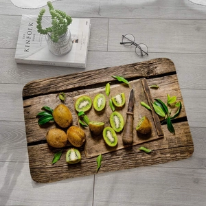Flat lay of vintage rectangular wood tray with natural grain texture and fruit prop