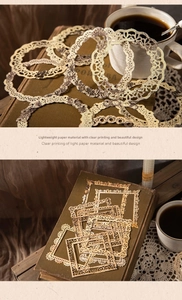 Detailed view of vintage hollow lace frames and printed decorative paper for scrapbooking