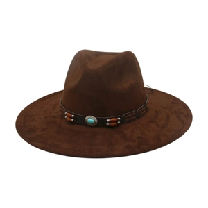 Dark brown wide brim cowboy hat featuring turquoise beads and ethnic style wooden accents