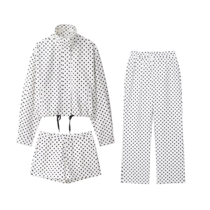 Veste À Pois Manches Longues Avec Pantalon Évasé Jambes Larges Et Short Décontracté Polyester Cordon Col Montant