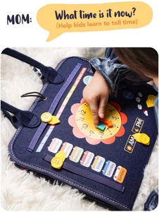 Detail showing a child hands-on learning with the clock and calendar Montessori busy board