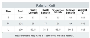 Tabella taglie dettagliata per cardigan donna in maglia a mantella con specifiche tessuto