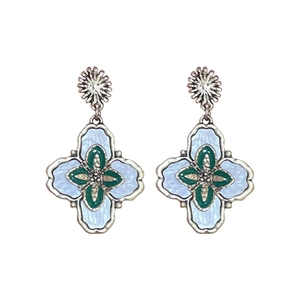 Boucles d'oreilles vintage en argent avec pétales en émail bleu et motif feuille