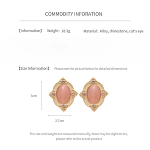 Detailed specs for vintage oval cat's eye earrings with rhinestones and alloy frame