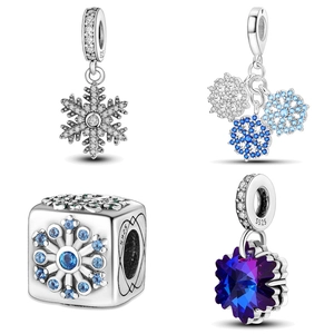 Perle De Charme Flocon De Neige Argent Sterling 925 Zirconium Bleu Pendentif Hiver Pour Fabrication De Bijoux