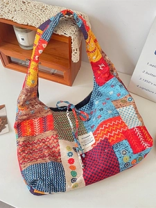 Ethnic patchwork corduroy shoulder bag with bohemian geometric and floral patterns