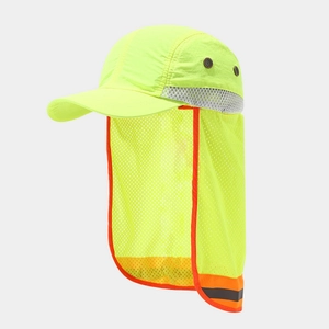 Detail of high-visibility sun hat featuring breathable mesh and orange reflective safety strip