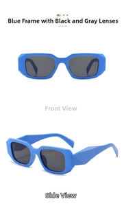 Detail of square sunglasses with thick Klein blue frames and dark grey lenses