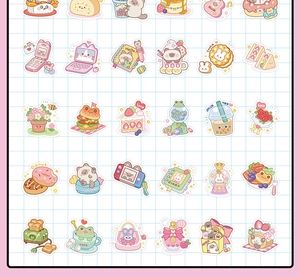 Detail showing various kawaii bear and dessert stickers for scrapbooking and stationery