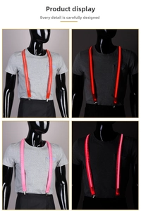 Detail view showing red and pink LED suspenders in both glowing and off modes
