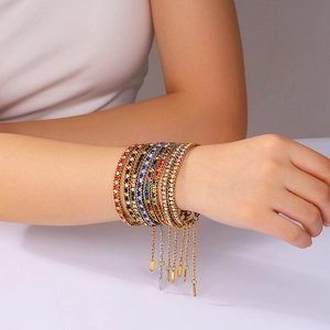 Bohemian 18k gold plated stainless steel bracelet with vibrant colorful rhinestones