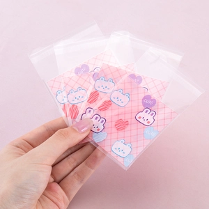 Cute cartoon rabbit heart resealable cookie bags with pink grid cards for gift packing