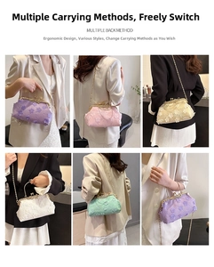 Detail shots of floral lace embroidery handbags in five colors showing crossbody and hand-carry