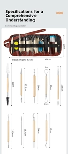 Detail view of clay carving tool set with dimensions and brown leather storage roll bag