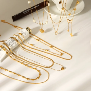Dainty Double Layered Necklace Gold Plated Stainless Steel Heart Butterfly Pendant Minimalist Jewelry For Women