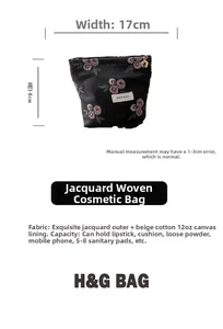 Detail view of jacquard floral makeup bag with 17x14cm dimensions and metal zipper