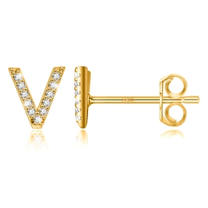 Detail of S925 sterling silver V-shape stud earring with gold plating and white zircons