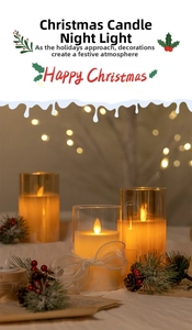 Three LED electronic candles in glass jars with white lace ribbon on festive pine background