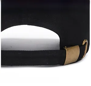 Detail of adjustable metal buckle and black cotton twill strap on baseball cap back