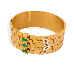 Vintage Luxury Wide Cuff Bracelet Titanium Steel 18K Gold Plated Brick Texture Malachite Zircon Inlay Niche Design Women