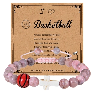 Detail of pink stone basketball bracelet and braided rope on kraft card