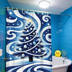 Waterproof Christmas tree shower curtain with blue background and white spiral patterns