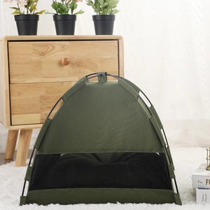 Olive green portable pet tent with cooling mat and breathable mesh for cats and small dogs