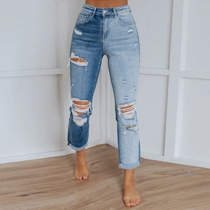Jeans da donna a vita alta con patchwork bicolore alla moda e dettagli strappati dritti