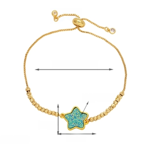 Detail view of adjustable gold star bracelet with blue druzy stone and size dimensions