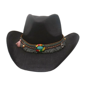 Classic black straw cowboy hat with ethnic beaded band and turquoise stone detail
