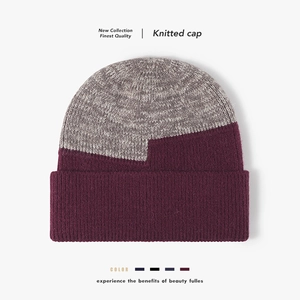 Women Men Color Block Knit Beanie Hat Thick Warm Winter Cap Faux Rabbit Fur Elastic Soft Ribbed Cuff Outdoor Fashion Beanie