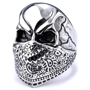 Vintage punk style stainless steel skull ring with bandana detail on white background