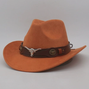 Western Cowboy Hat Polyester Felt With Bull Head Metal Decor Leather Band Retro Ethnic Style Wide Brim Out-door Fashion Accessories
