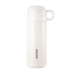 Minimalist white stainless steel vacuum flask with HSCUP logo and convenient carry loop