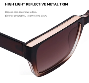 Close-up of square gradient brown sunglasses with luxury rose gold metal trim detail