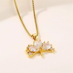 Gold stainless steel necklace featuring a butterfly pendant inlaid with clear zircon stones