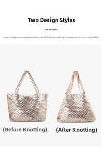 Contrast woven tote bag detail showing dual shape options via internal knotting