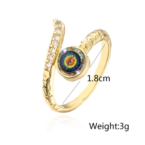 Detail view of 18K gold plated evil eye ring with rainbow gemstone and 1.8cm inner diameter