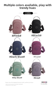 Mini nylon crossbody phone bags displayed in six colors with silver zippers and straps