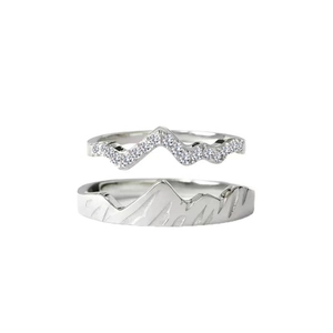 Mountain design couple ring set with zircons in silver finish for men and women