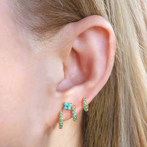 S925 silver needle four-piece set with turquoise clover flower and gold hoop earrings
