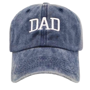 Vintage washed blue cotton baseball cap with white DAD embroidery and distressed finish