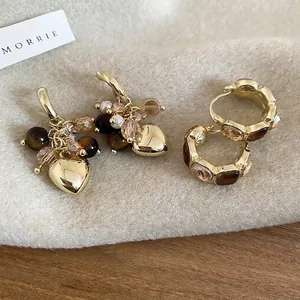 Heart Pendant Cluster Earrings With Tiger Eye Stone Faux Artificial Pearl And 925 Sterling Silver Earring Post Vintage Gold Jewelry
