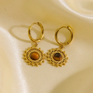 French vintage sun pendant tiger eye stone earrings in 14K gold plated stainless steel