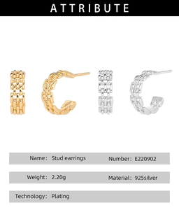 Macro detail of twisted S925 sterling silver hoop stud earrings in gold and silver plating